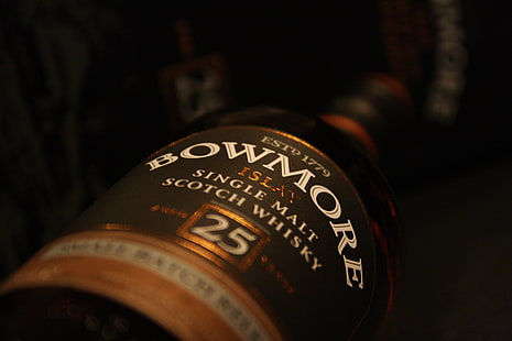 botol, alkohol, Bowmore, wiski, kedalaman bidang, Isle of Islay, Scotch, Wallpaper HD HD wallpaper