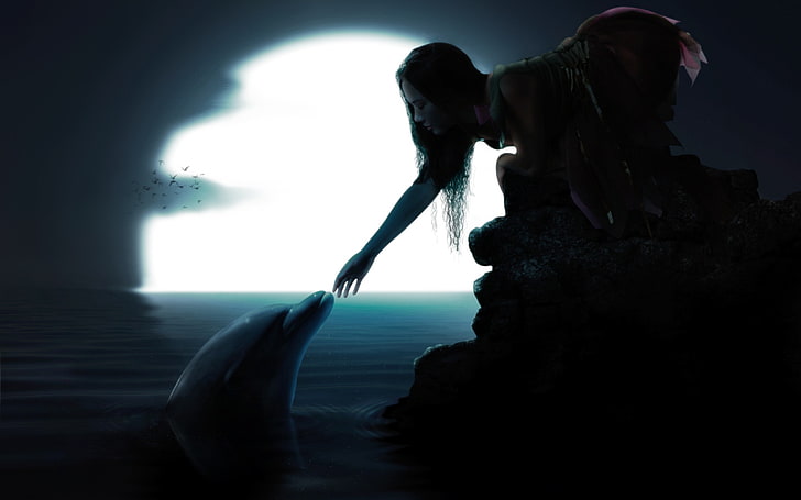 delfín, chica de fantasía, luna, arte de fantasía, Fondo de pantalla HD