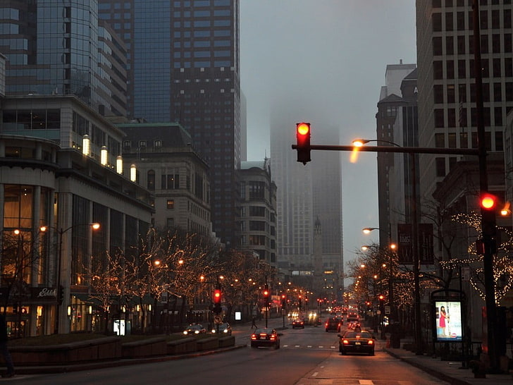 semáforo negro, ciudad, calle, ciudad de Nueva York, niebla, semáforos, luces de navidad, Fondo de pantalla HD