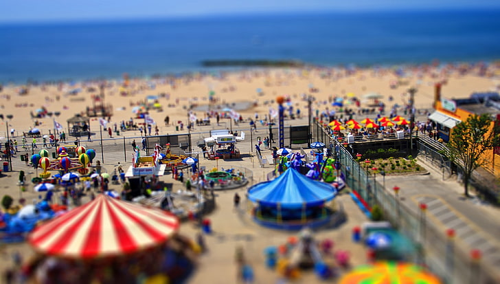 blue and white canopy, aerial photography of circus at daytime, tilt shift, Brooklyn, New York City, USA, HD wallpaper