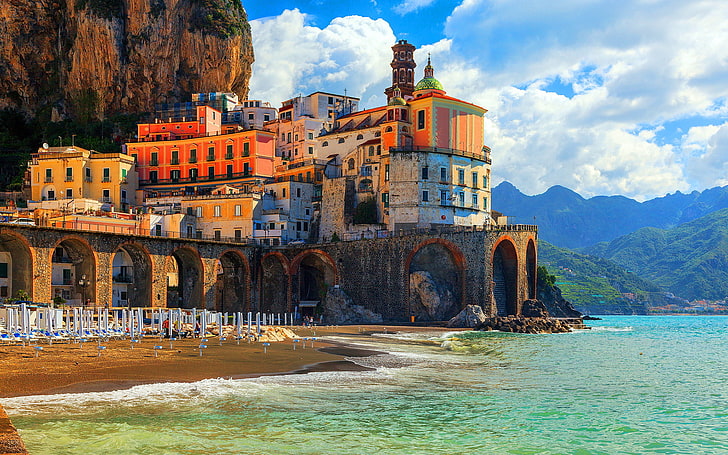 houses and structures near body of water painting, sea, landscape, mountains, nature, rocks, shore, coast, building, home, Italy, Church, Amalfi, dome, Positano, Salerno, HD wallpaper