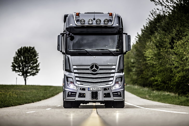 camion Mercedes-Benz grigio, vista, cabina, Mercedes, carico, trattore, Actros, Sfondo HD