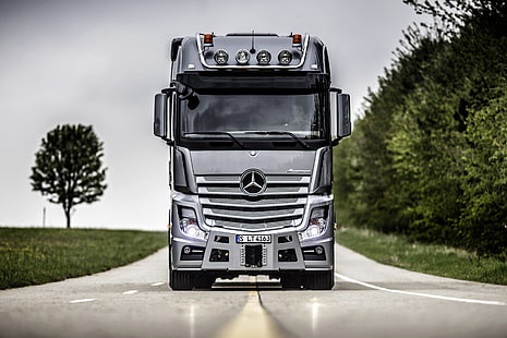 camion Mercedes-Benz grigio, vista, cabina, Mercedes, carico, trattore, Actros, Sfondo HD HD wallpaper