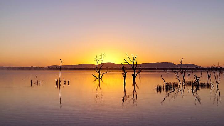 地平線、空、反射、水、日の出、穏やかな、グランピアンズ国立公園、朝、夜明け、国立公園、湿地、湖、オーストラリア、グランピアンズ、 HDデスクトップの壁紙