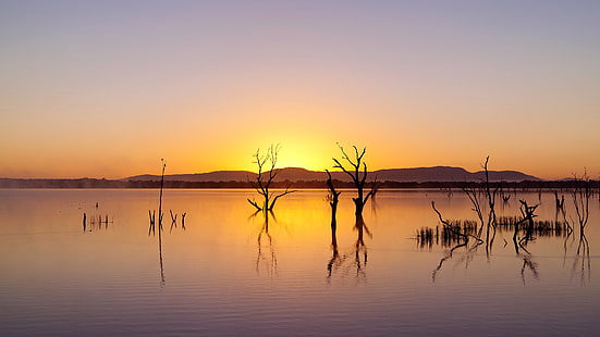 horizon, sky, reflection, water, sunrise, calm, grampians national park, morning, dawn, national park, wetland, lake, australia, grampians, HD wallpaper HD wallpaper
