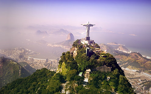 brasil, cristo, cidades, colinas, janeiro, jesus, oceano, redentor, redentor, escultura, HD papel de parede HD wallpaper