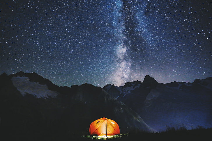 оранжевая палатка кемпинга, небо, ночь, палатка, млечный путь, HD обои