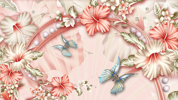Ruhm Blumen, exotisch, Schmetterling, vorzüglich, Fantasie, Rosa, Blumen, Frühling, Winde, Sommer, 3d und Zusammenfassung, HD-Hintergrundbild