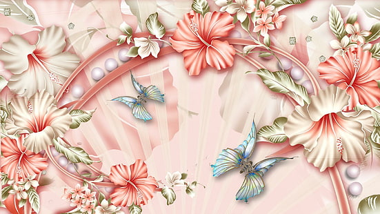 Gloria Floreale, esotico, farfalla, squisito, fantasia, rosa, fiori, primavera, gloria mattutina, estate, 3d e astratto, Sfondo HD HD wallpaper