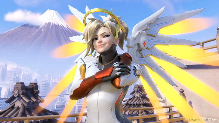Frau mit weißen Haaren und mechanischen Flügeln wallpaper, Overwatch, Mercy (Overwatch), Flügel, kurze Haare, Blondine, Mount Fuji, Bodysuit, HD-Hintergrundbild