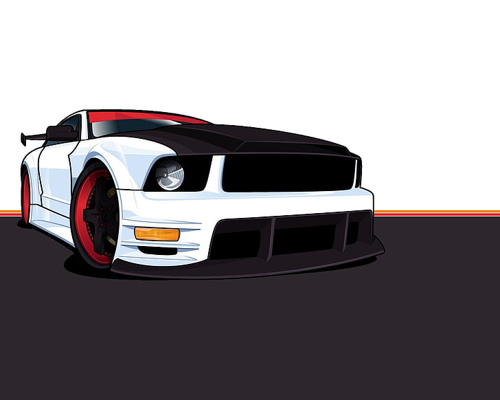 бело-красная иллюстрация автомобиля, автомобиль, мультфильм, Ford Mustang GT, HD обои