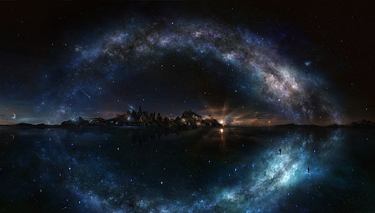 arte da Via Láctea, Via Láctea, arte espacial, arte digital, arte de fantasia, paisagem, estrelas, lua, espaço, HD papel de parede HD wallpaper
