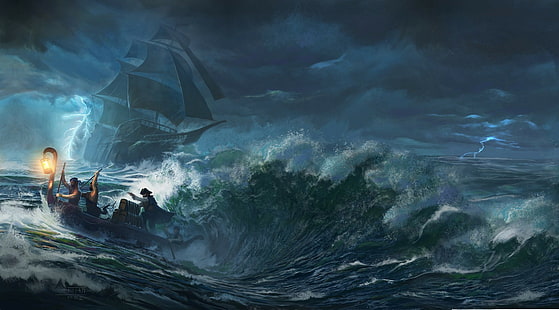 sea boat storm pirates ship, HD wallpaper HD wallpaper