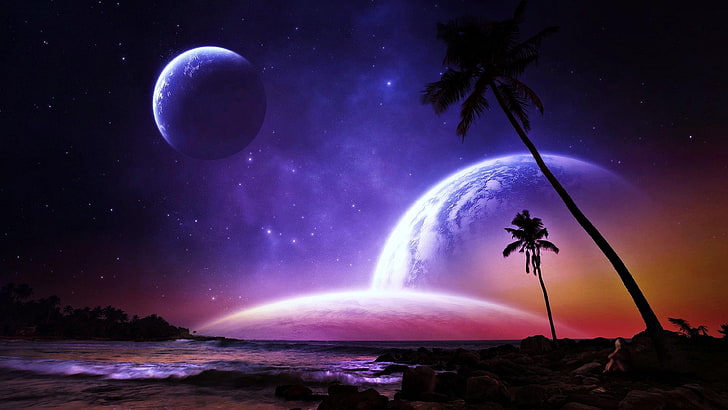 planet, palms, stars, shore, dream, colorful, space, beach, seashore, sea, HD wallpaper
