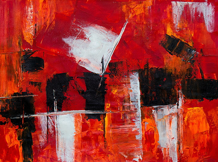 rote, schwarze und weiße abstrakte Malerei, Farbe, Segeltuch, Flecke, Linien, künstlerisch, Beschaffenheit, HD-Hintergrundbild