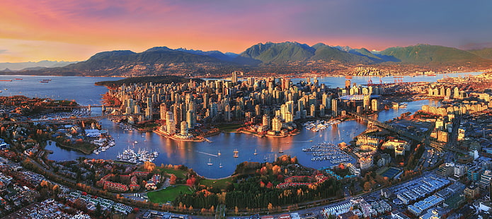 аэрофотосъемка города, Ванкувер, закат, город, пейзаж, озеро, Канада, городской пейзаж, панорама, HD обои HD wallpaper