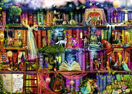 books, pretty, art, fantasy, library, digital, HD wallpaper HD wallpaper