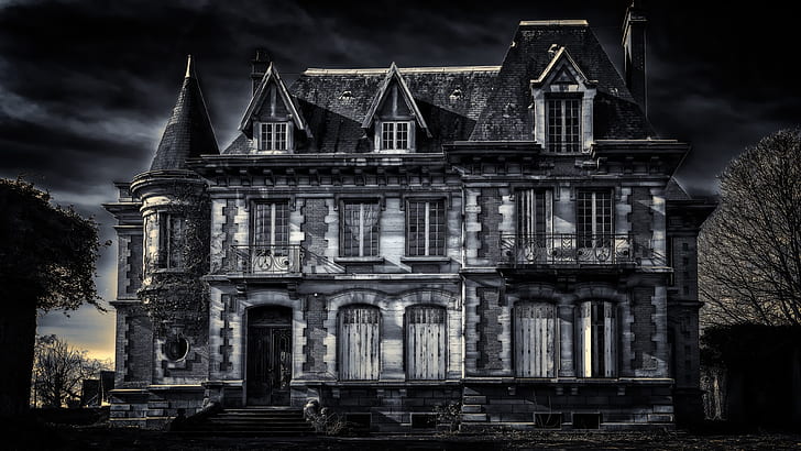 castillo embrujado, casa, mansión, castillo, embrujado, oscuridad, tarde, casa fantasma, villa antigua, sombrío, Fondo de pantalla HD