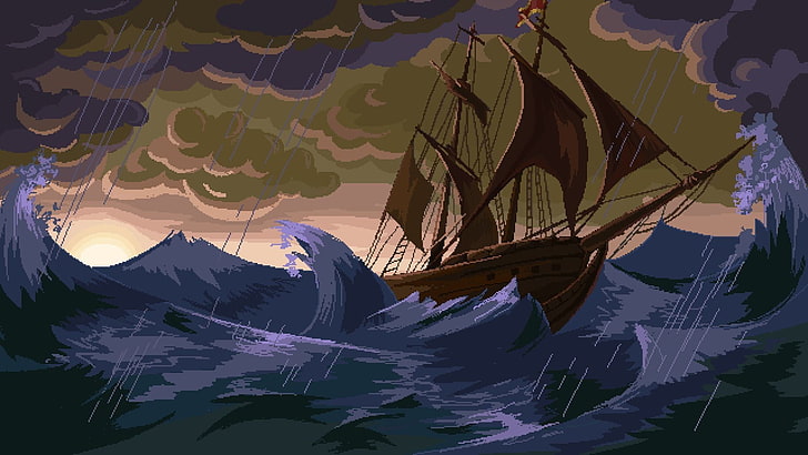 brown ship, pixels, pixel art, ship, sailing ship, sea, waves, storm, rain, clouds, HD wallpaper