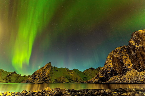 paisaje, auroras, paisajes nórdicos, cielo, skyscape, montañas, Fondo de pantalla HD HD wallpaper