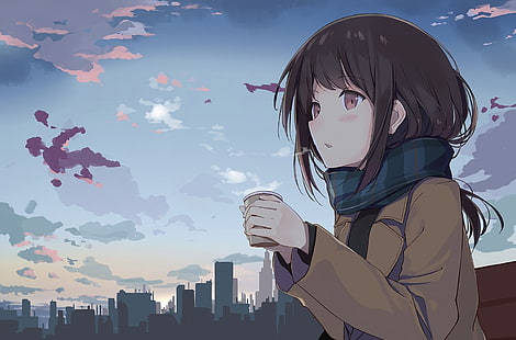 anime girl, profile view, brown hair, buildings, scarf, Anime, HD wallpaper HD wallpaper