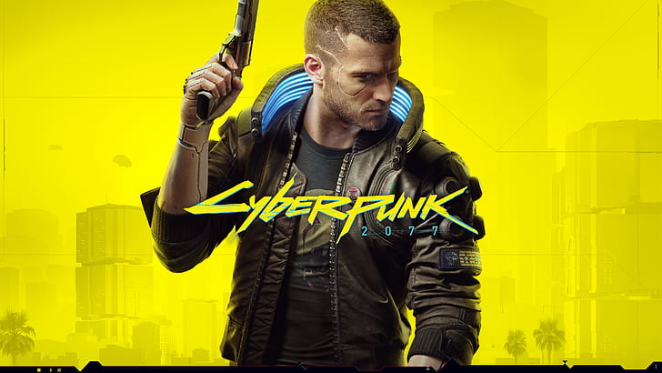 жълто, стил, пистолет, оръжия, подстригване, яке, киберпънк, герой, CD Projekt RED, Cyberpunk 2077, HD тапет