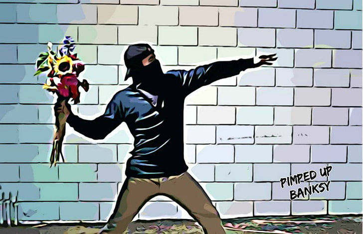 мъж, който държи букет цветя, дигитално изкуство, графити, улично изкуство, Банкси, знаменитост, HD тапет