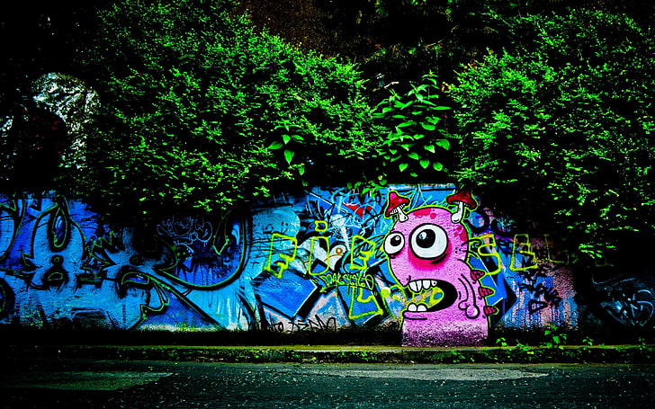 grafiti, dinding, perkotaan, jalan, cyan, dedaunan, merah muda, Wallpaper HD