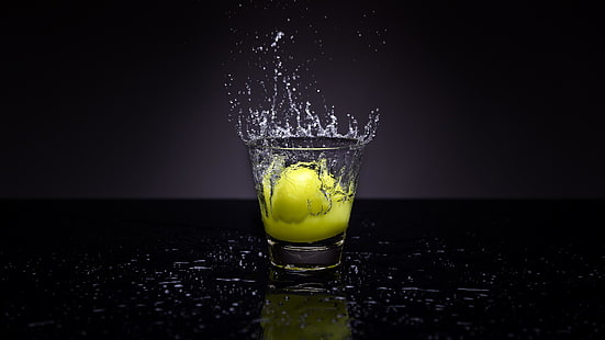 лимон, стакан, вода, брызги, фрукты, брызги, капли, капли, HD обои HD wallpaper
