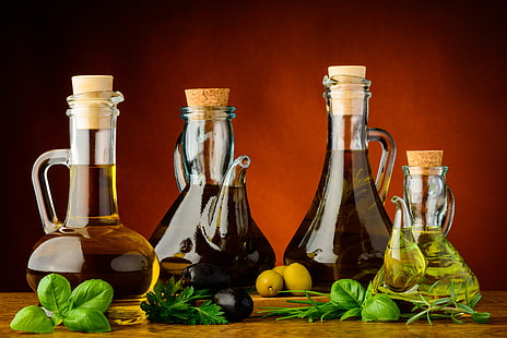 greens, olives, olive oil, herbs, HD wallpaper HD wallpaper