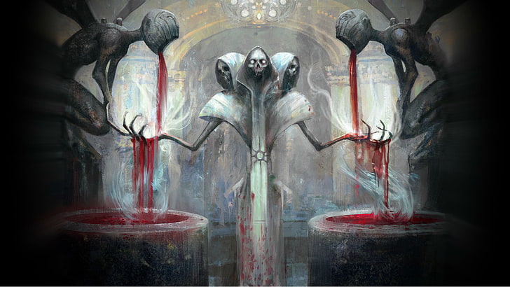 Ilustración de temática demoníaca, muerte, sangre, esqueleto, cráneo, altar, sacrificio, Magic the Gathering, Fondo de pantalla HD