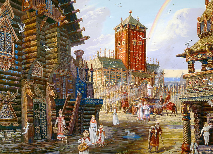 group of people near building structures digital wallpaper, the city, home, rainbow, painting, art, beautiful, Vsevolod Ivanov, Russian folklore, Baltic Russia, painted, Arkona, Rainbow over Arcanoi, HD wallpaper