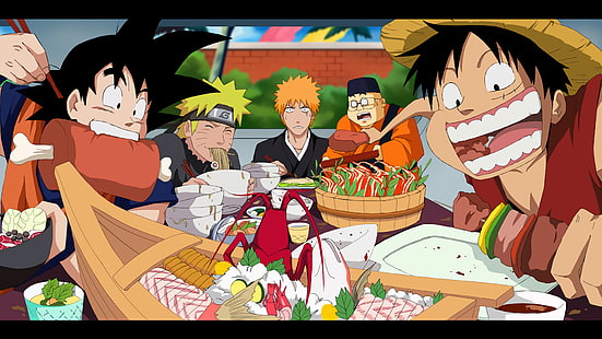 Anime, Crossover, Bleach, Dragon Ball, Dragon Ball Z, Goku, Ichigo Kurosaki, Monkey D. Luffy, Naruto, Naruto Uzumaki, One Piece, HD wallpaper HD wallpaper