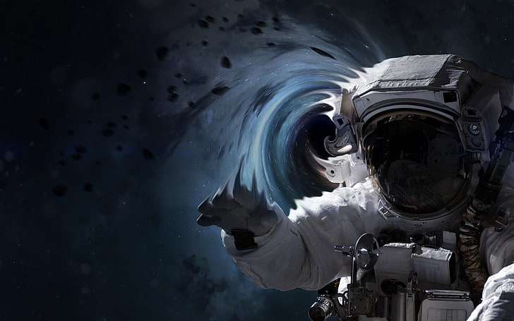 fond d'écran astronaute blanc, art spatial, espace, astronaute, trous noirs, art numérique, Vadim Sadovski, combinaison spatiale, Fond d'écran HD