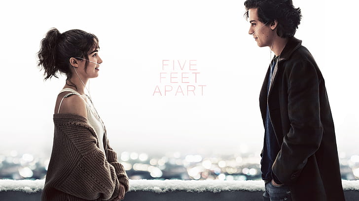 Cole Sprouse, Haley Lu Richardson, Five Feet Apart, Stella Grant, Will Newman, profile, couple, rooftops, depth of field, city lights, HD wallpaper