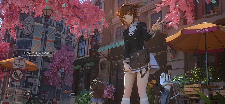 kinomoto sakura, cardcaptor sakura, street, scenic, buildings, school uniform, Anime, HD wallpaper