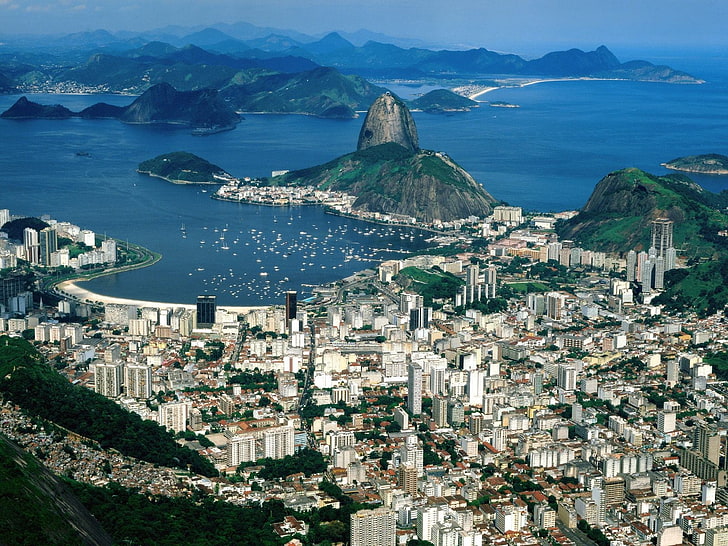 Rio de Janeiro, miasto, pejzaż, metropolia, Brazylia, widok z lotu ptaka, Tapety HD