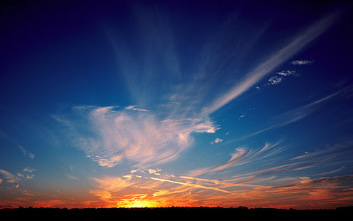 nuvole bianche, tramonto, blu, nuvole, sole, paesaggio, natura, cielo, Sfondo HD HD wallpaper