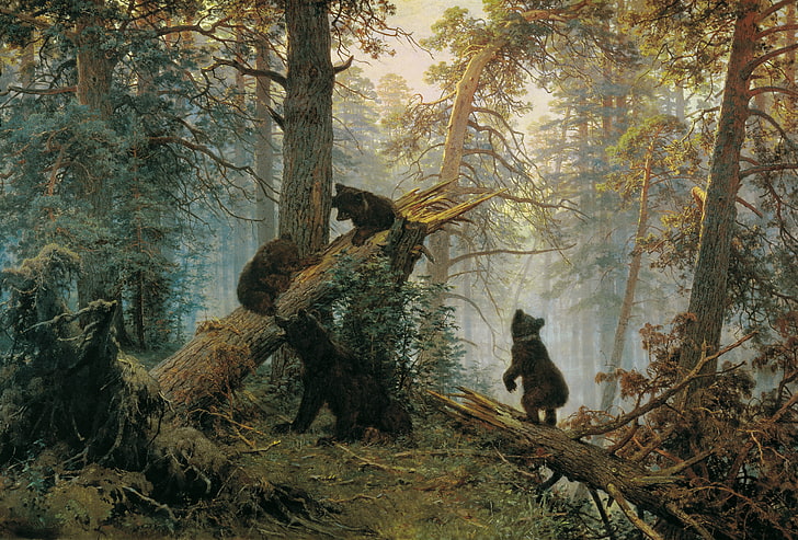 czarne niedźwiedzie w malarstwie leśnym, las, niedźwiedzie, Iwan Iwanowicz Szyszkin, Poranek w sosnowym lesie, Tapety HD