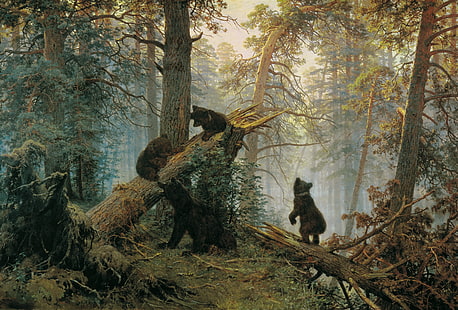 ursos pretos na pintura da floresta, floresta, ursos, Ivan Ivanovich Shishkin, manhã em uma floresta de pinheiros, HD papel de parede HD wallpaper