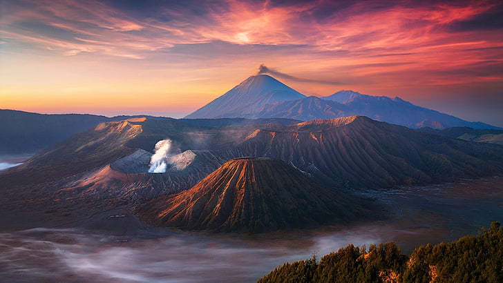 небе, планина bromo, bromo tengger semeru национален парк, Индонезия, стратовулкан, планина, вулканичен релеф, Азия, активен вулкан, вулкан, национален парк, облак, HD тапет