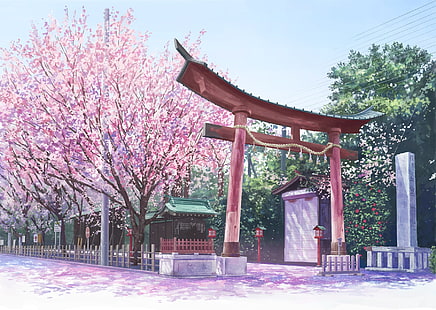 świątynia anime, kwiat wiśni, torii, anime, Tapety HD HD wallpaper