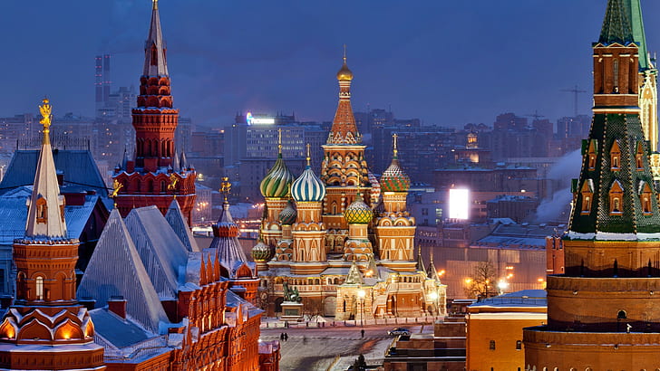 lights  Red Square  winter  snow  evening  birds eye view  cathedral  street  rooftops  building  architecture  city  Kremlin  Moscow  cityscape  Europe  Russia  church  capital  Kremlin palace, HD wallpaper