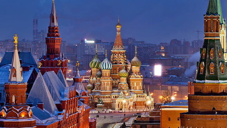 brown concrete buildings, Moscow, Russia, Europe, church, Kremlin, snow, city, cityscape, architecture, bird's eye view, building, rooftops, capital, winter, evening, cathedral, Red Square, lights, street, Kremlin palace, HD wallpaper