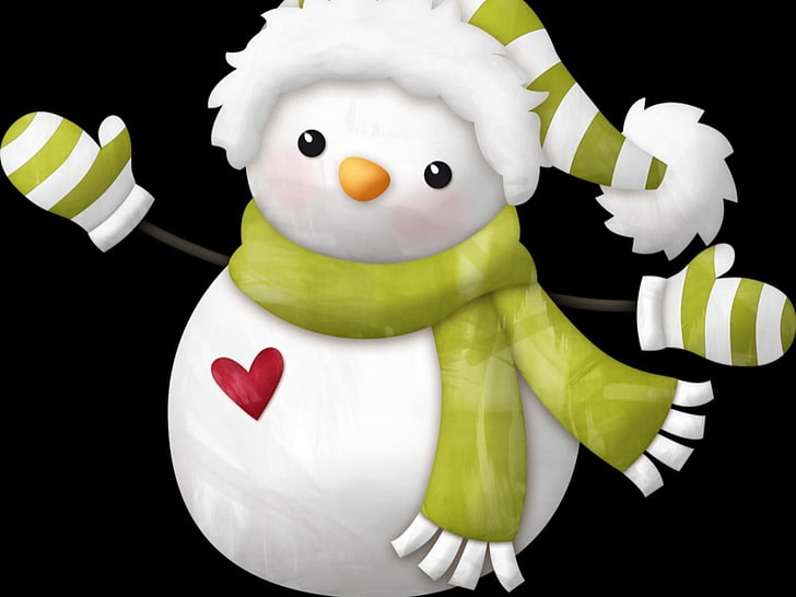 белый снеговик с зеленой шапкой и шарфом, снеговик, шапка, шарф, сердце, HD обои