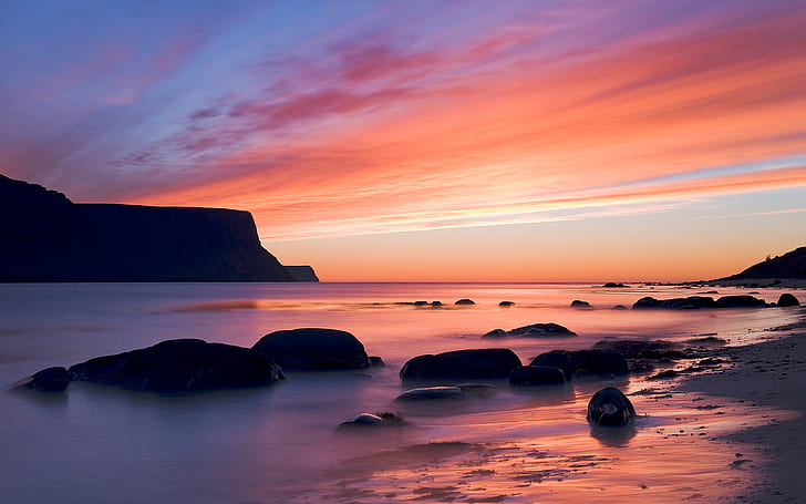 Beach Ocean Sunset Rocks Stones HD, vattensamling, natur, hav, solnedgång, strand, stenar, stenar, HD tapet