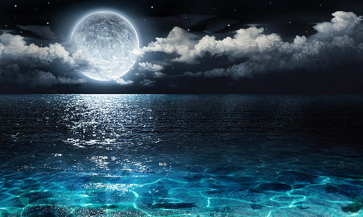 zdjęcie księżyca nad powierzchnią wody, Księżyc, niebo, Tapety HD
