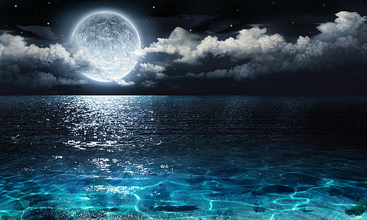 луна над водно тяло снимка, Луна, небе, HD тапет HD wallpaper