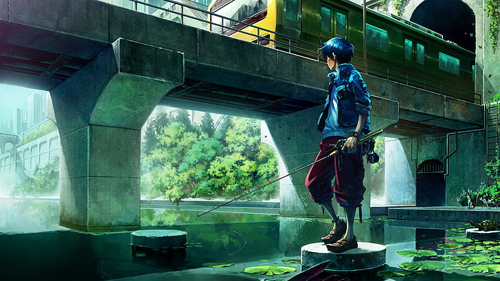 anak animasi di jaket biru memegang pancing wallpaper, anak laki-laki anime, perkotaan, kereta api, anime, Wallpaper HD