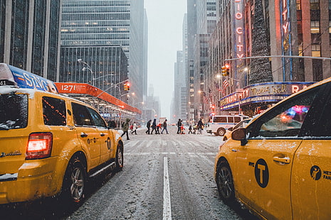 SamAlive, extérieur, rue, bâtiment, il neige, paysage, ville, New York City, voiture, taxi, feux de circulation, Fond d'écran HD HD wallpaper